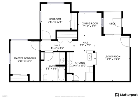Floor plan for 2 beds, 1 bath, 886 sqft